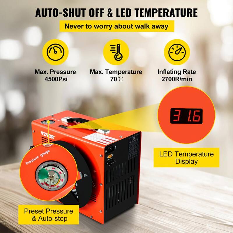 VEVOR PCP Air Rifle Pump 0.4 Gal. 4500Psi Portable Electric Air Compressor 30Mpa Auto-stop with Built-in Water/Oil Adapter Fan - G220V110V12V-VB18V5