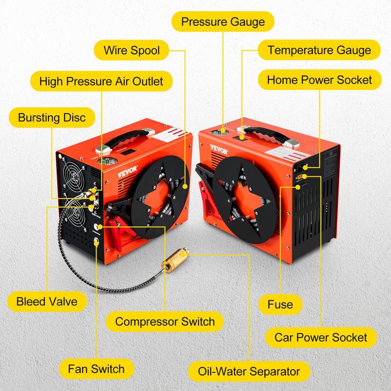 VEVOR PCP Air Rifle Pump 0.4 Gal. 4500Psi Portable Electric Air Compressor 30Mpa Auto-stop with Built-in Water/Oil Adapter Fan - G220V110V12V-VB18V5