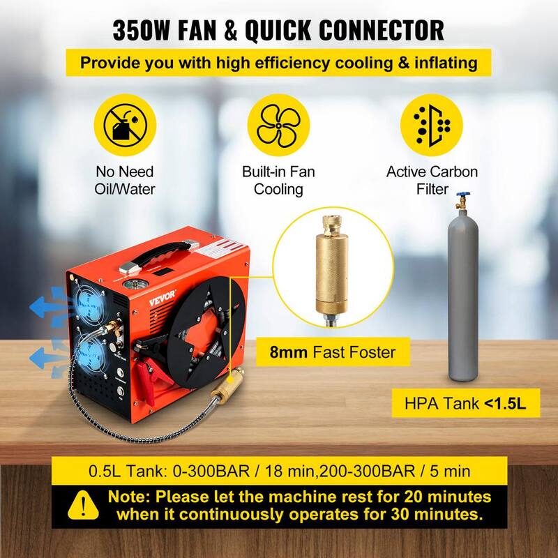 VEVOR PCP Air Rifle Pump 0.4 Gal. 4500Psi Portable Electric Air Compressor 30Mpa Auto-stop with Built-in Water/Oil Adapter Fan - G220V110V12V-VB18V5