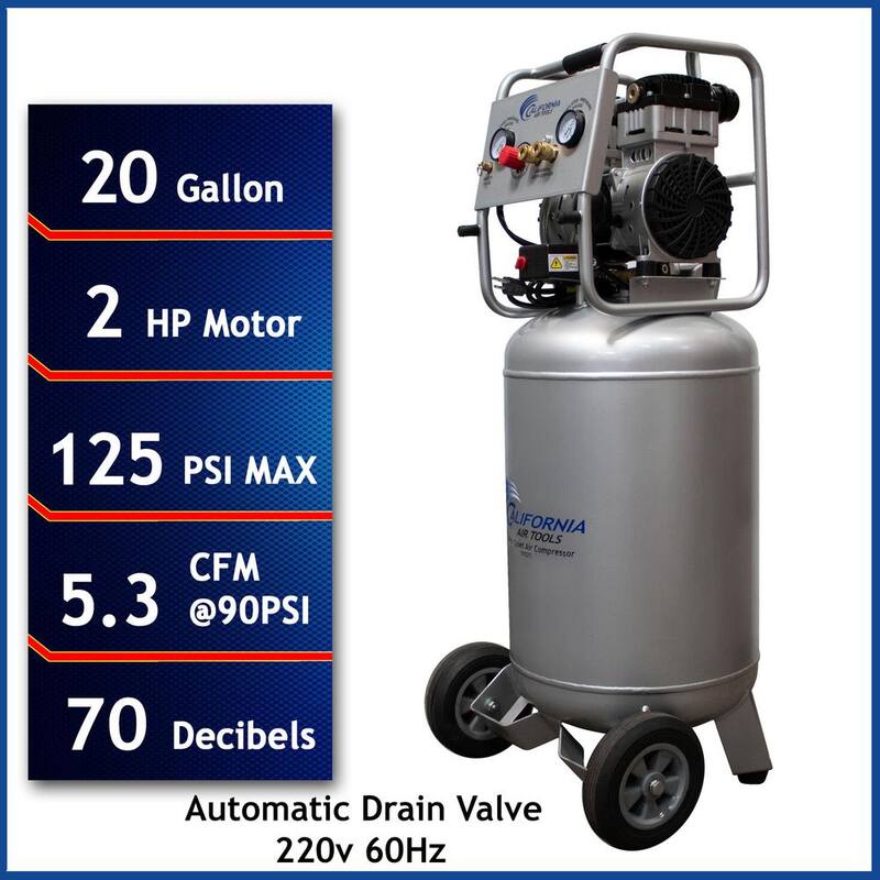 California Air Tools 20 Gal. 2.0 HP 220-Volt 60 Hz Ultra Quiet and Oil-Free Electric Air Compressor with Automatic Drain Valve - 20020AD-22060