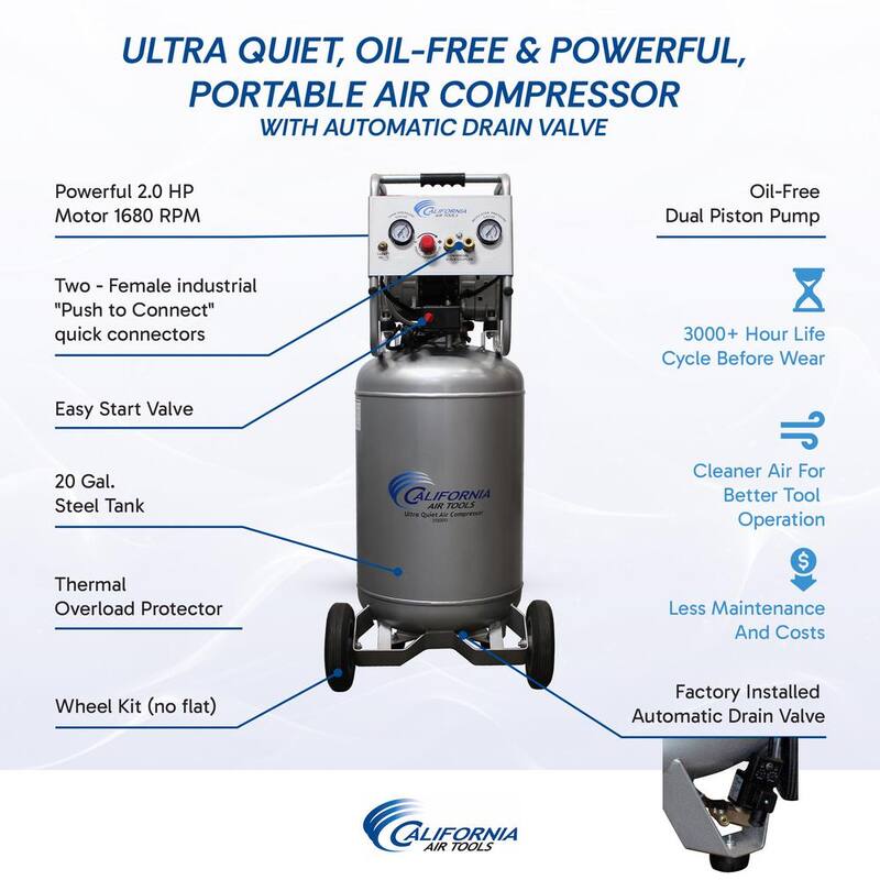 California Air Tools 20 Gal. 2.0 HP 220-Volt 60 Hz Ultra Quiet and Oil-Free Electric Air Compressor with Automatic Drain Valve - 20020AD-22060