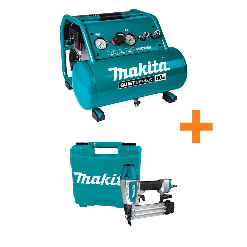Makita 3 Gal. Quiet Series 1.5 HP Electric Oil-Free Air Compressor with Pneumatic 2 in. 18-Gauge Brad Nailer - MAC320Q-AF506
