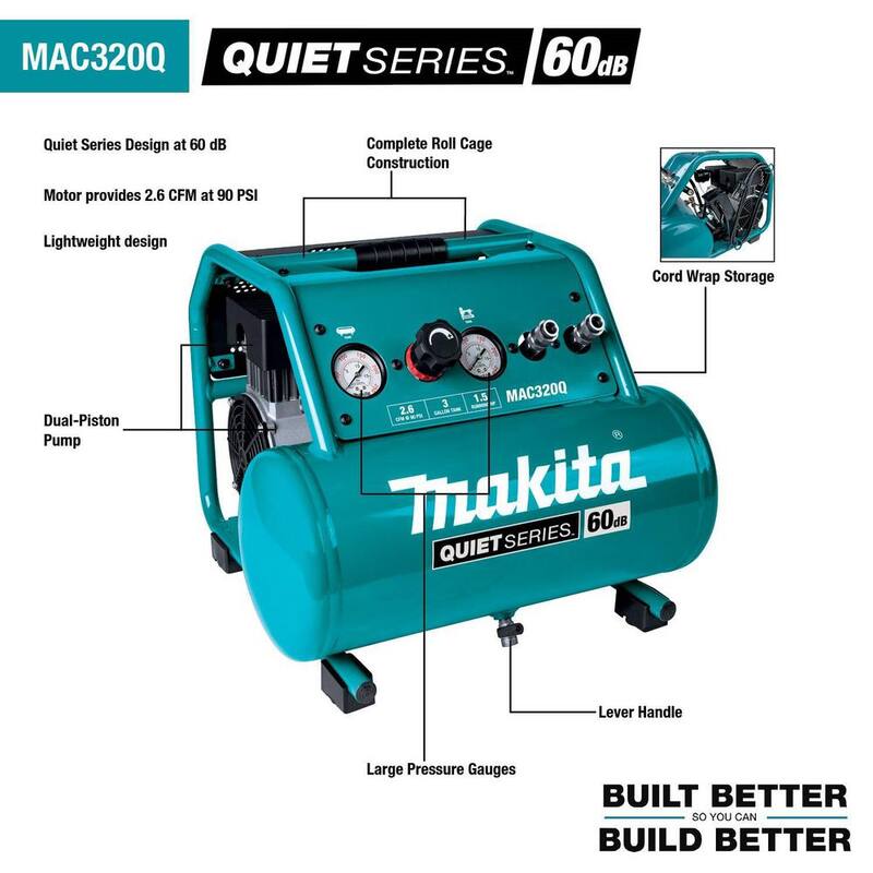 Makita 3 Gal. Quiet Series 1.5 HP Electric Oil-Free Air Compressor with Pneumatic 2 in. 18-Gauge Brad Nailer - MAC320Q-AF506