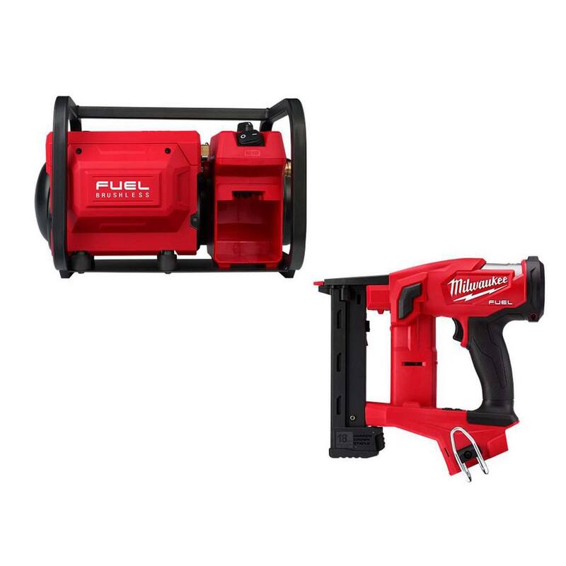 Milwaukee M18 FUEL 18-Volt Brushless Cordless 2 Gal. Electric Compact Quiet Air Compressor with 18-Gauge Narrow Crown Stapler - 2840-20-2749-20