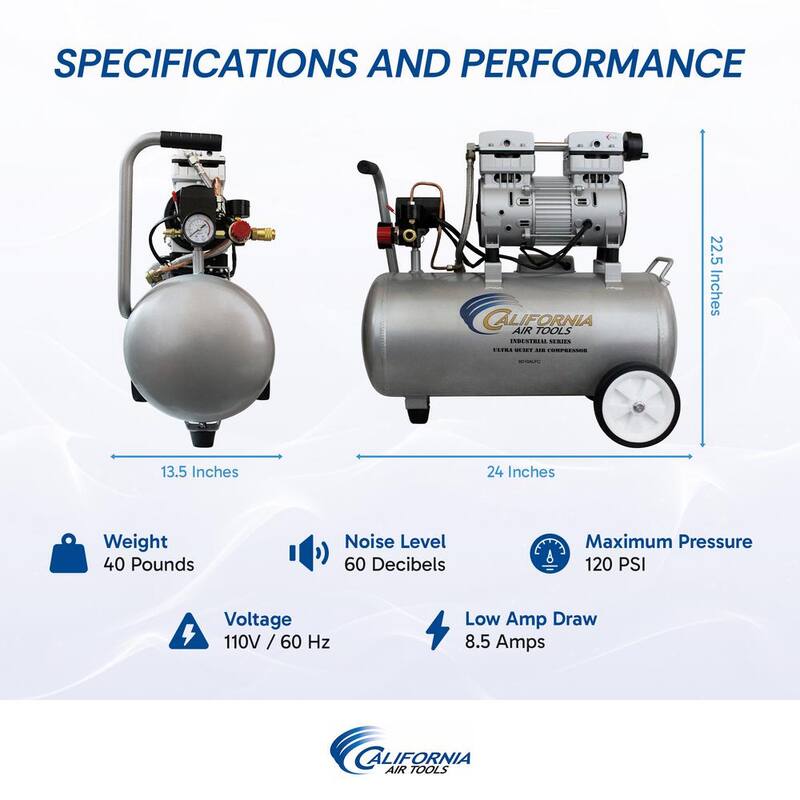 California Air Tools Ultra Quiet and Oil-Free 1.0 HP 8.0 Gal. 120 PSI Electric Aluminum Tank Air Compressor - CAT-8010ALFC