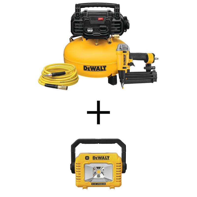 DEWALT 6 Gal. 18-Gauge Brad Nailer and Heavy-Duty Pancake Electric Air Compressor Combo Kit and 20V Compact Cordless Task Light - DWFP1KITW077B