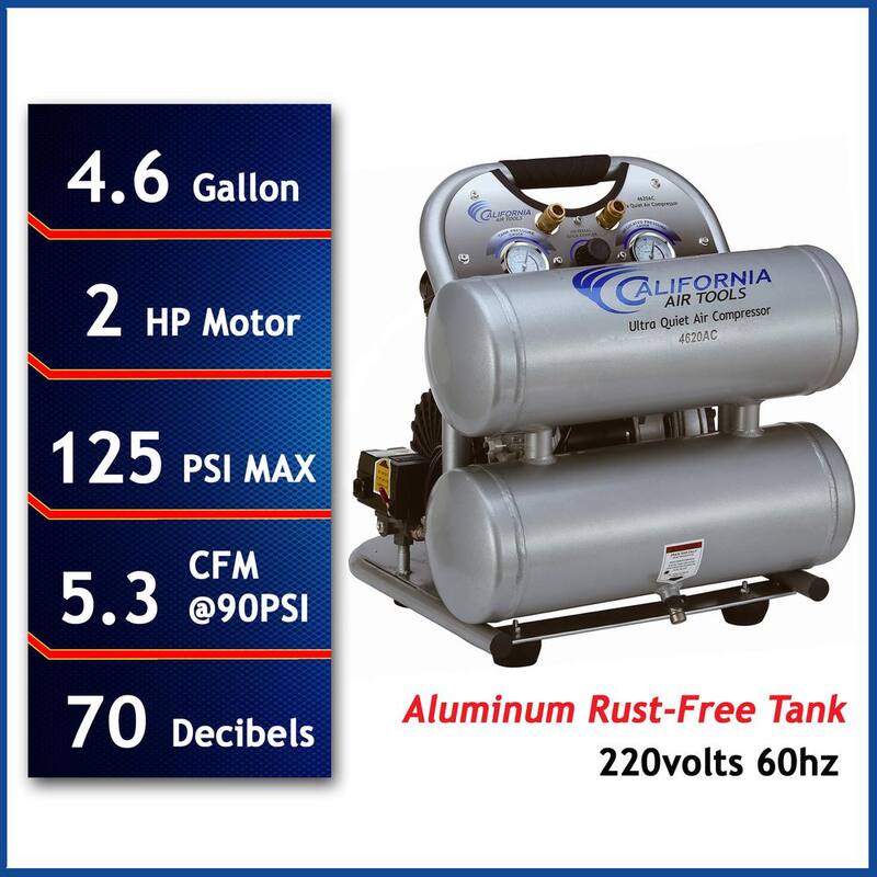 California Air Tools 4620AC-22060 Ultra Quiet and Oil-Free 2.0 Hp, 4.0 Gal. Aluminum Twin Tank Electric Portable Air Compress - 4620AC-22060