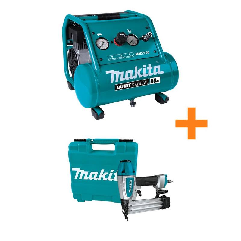 Makita 2 Gal. Quiet Series 1 HP Electric Oil-Free Air Compressor with Pneumatic 2 in. 18-Gauge Brad Nailer - MAC210Q-AF506