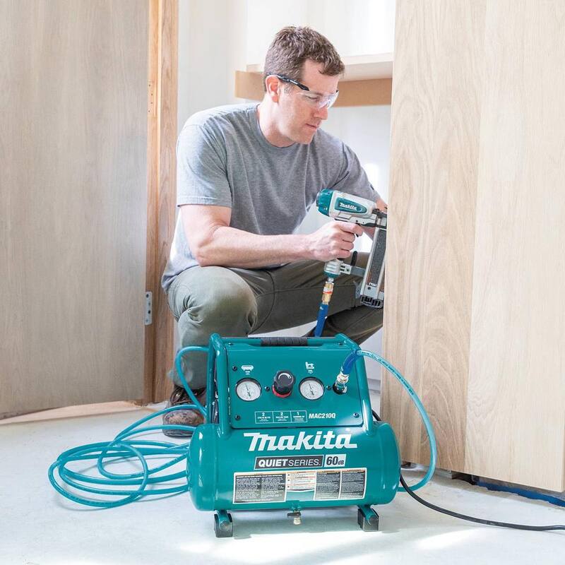 Makita 2 Gal. Quiet Series 1 HP Electric Oil-Free Air Compressor with Pneumatic 2 in. 18-Gauge Brad Nailer - MAC210Q-AF506