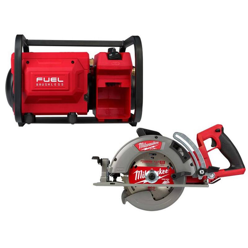Milwaukee M18 FUEL Brushless Cordless 2 Gal. Compact Quiet Compressor w/M18 FUEL Cordless 7-1/4 in. Rear Handle Circular Saw - 2840-20-2830-20