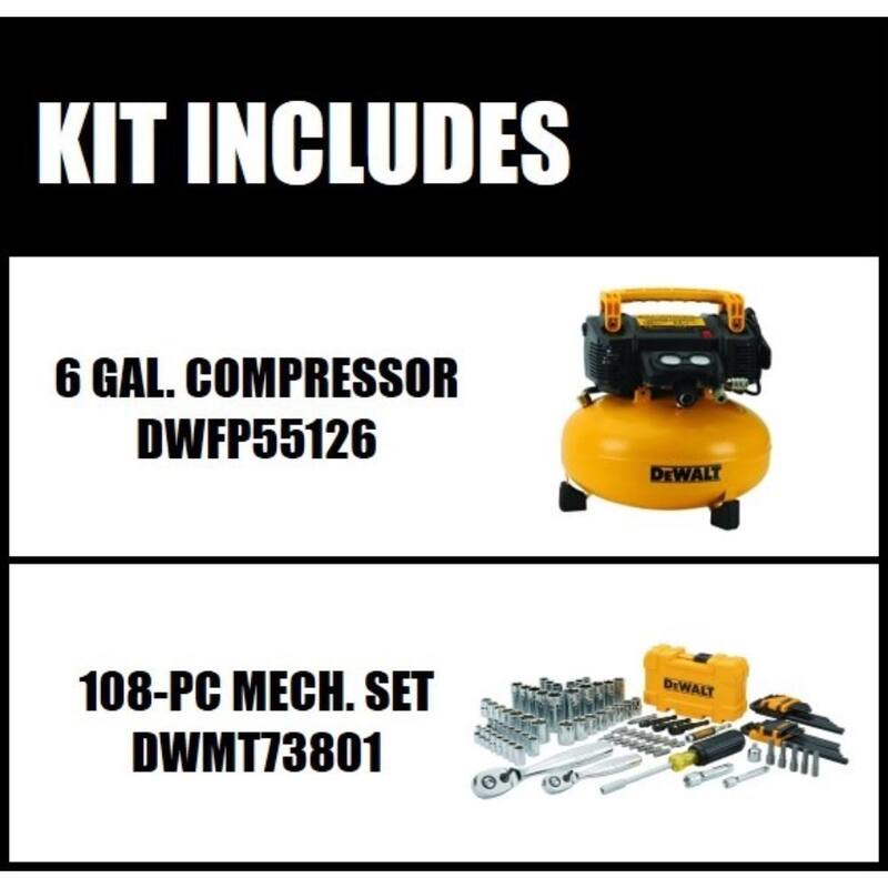 DEWALT 6 Gal. 165 PSI Electric Pancake Air Compressor and 1/4 in. x 3/8 in. Drive Chrome Mechanics Tool Set (108 Piece) - DWFP55126W3801