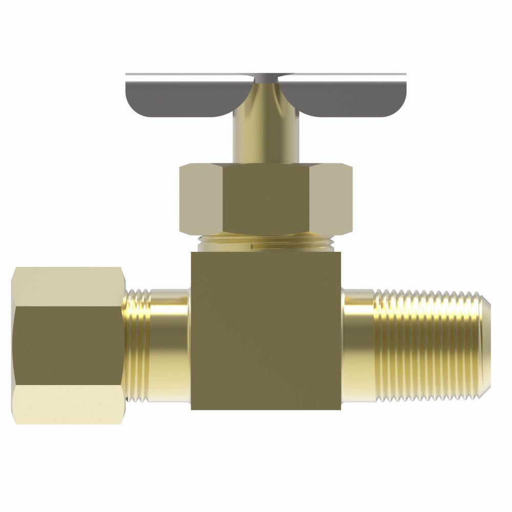 Eaton Needle Valve: Straight, 3/8 x 1/4" Pipe, Compression x MNPTF End, Brass Body - A6760