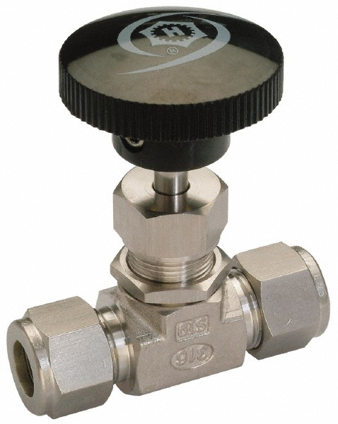 Eaton Needle Valve: Straight, 3/8 x 1/4" Pipe, Compression x MNPTF End, Brass Body - A6760