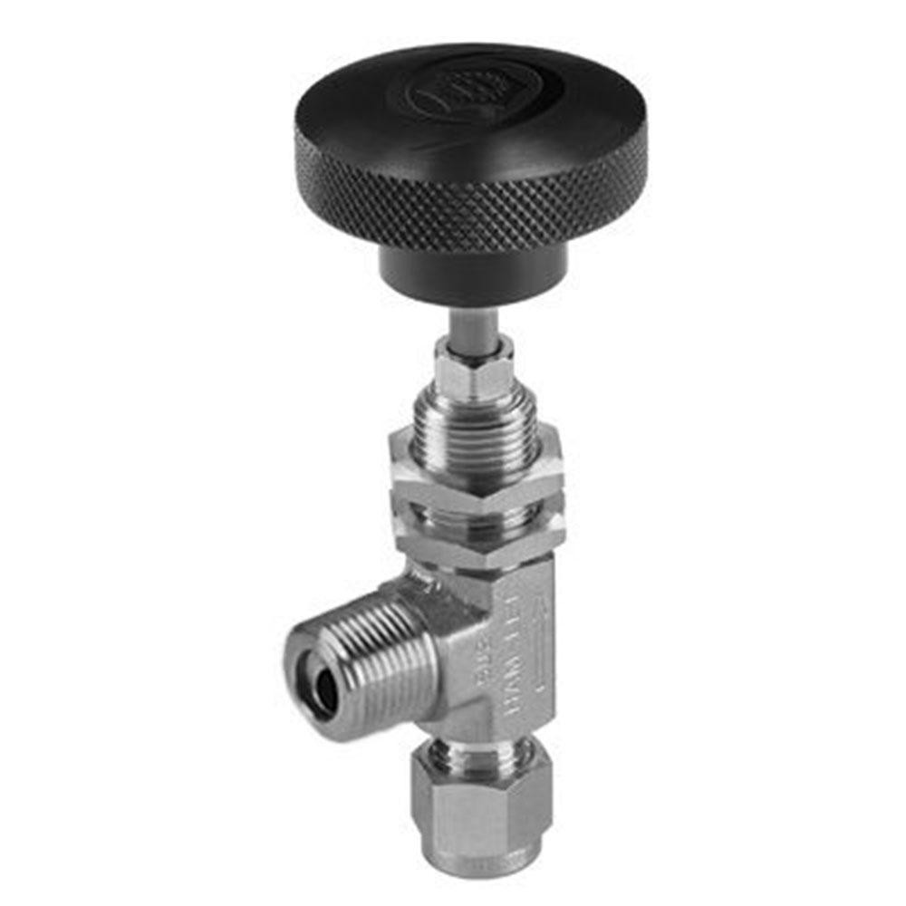 Eaton Needle Valve: Angled, 1/4 x 1/8" Pipe, Compression x MNPTF End, Brass Body - A555