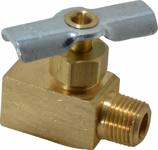 Eaton Needle Valve: Angled, 1/4 x 1/8" Pipe, Compression x MNPTF End, Brass Body - A555