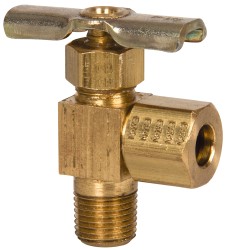 Eaton Needle Valve: Angled, 1/4 x 1/8" Pipe, Compression x MNPTF End, Brass Body - A555