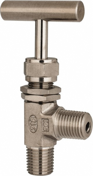 Eaton Needle Valve: Angled, 1/4 x 1/8" Pipe, Compression x MNPTF End, Brass Body - A555