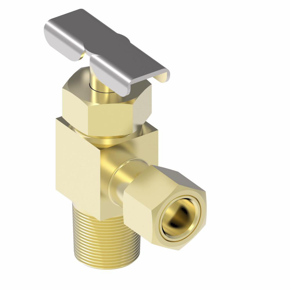 Eaton Needle Valve: Angled, 1/4 x 1/8" Pipe, Compression x MNPTF End, Brass Body - A555