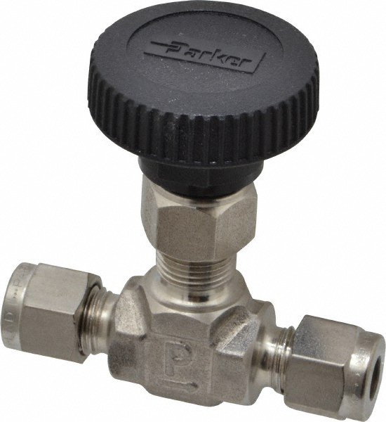 Parker Needle Valve: Round Handle, Straight, 3/8" Pipe, Compression x Compression End, Stainless Steel Body, Polytetrafluoroethylene Seal - 6Z-V6LN-SS