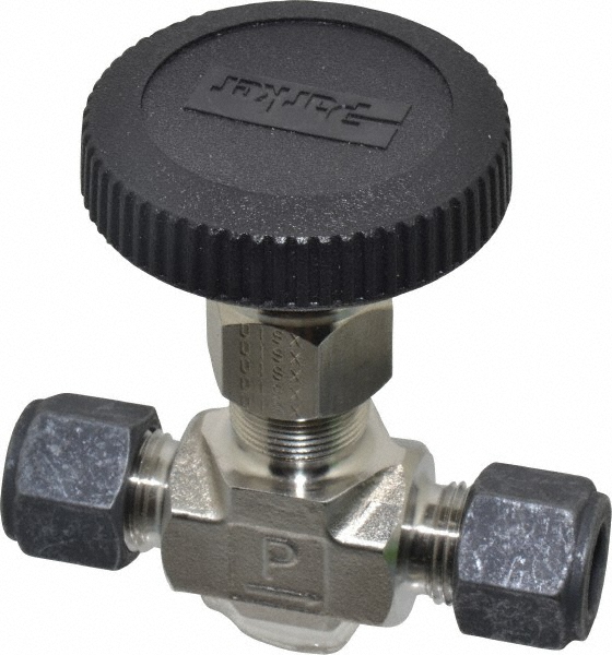 Parker Needle Valve: Round Handle, Straight, 3/8" Pipe, Compression x Compression End, Stainless Steel Body, Polytetrafluoroethylene Seal - 6Z-V6LN-SS