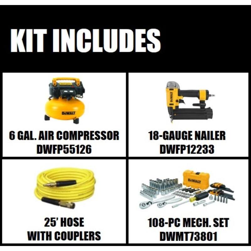 DEWALT 6 Gal. 165 PSI Heavy-Duty Electric Pancake Air Compressor, 18GA Brad Nailer, and Mechanics Tool Set (108-Piece) - DWFP1KITW73801