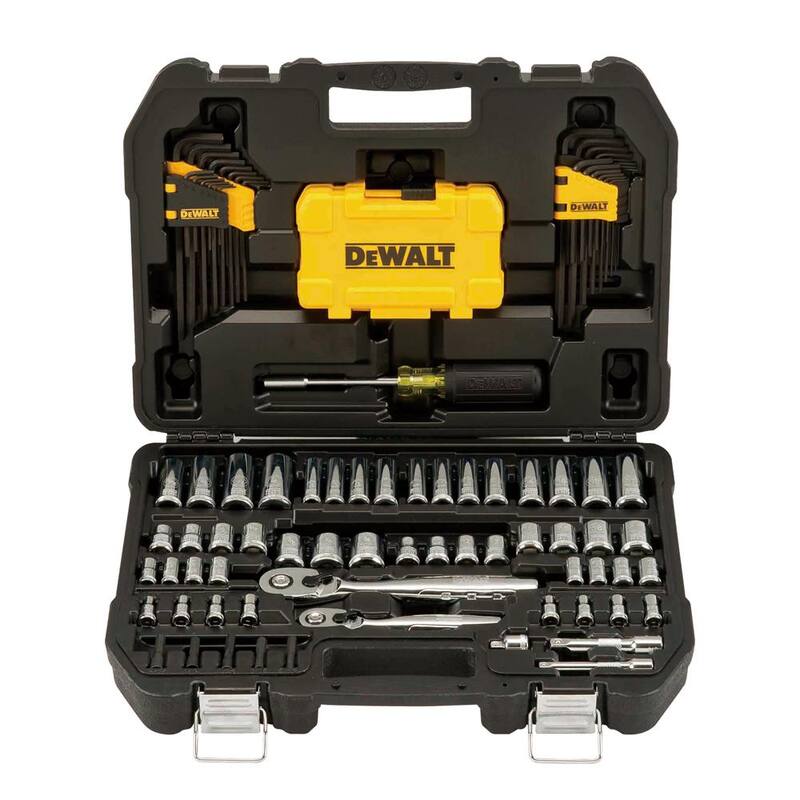 DEWALT 6 Gal. 165 PSI Heavy-Duty Electric Pancake Air Compressor, 18GA Brad Nailer, and Mechanics Tool Set (108-Piece) - DWFP1KITW73801