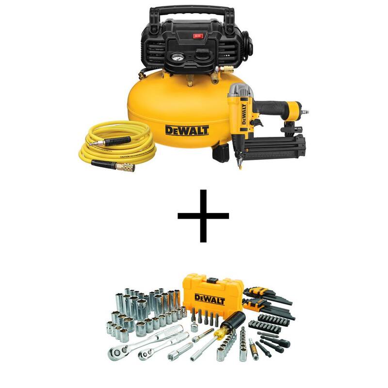 DEWALT 6 Gal. 165 PSI Heavy-Duty Electric Pancake Air Compressor, 18GA Brad Nailer, and Mechanics Tool Set (108-Piece) - DWFP1KITW73801