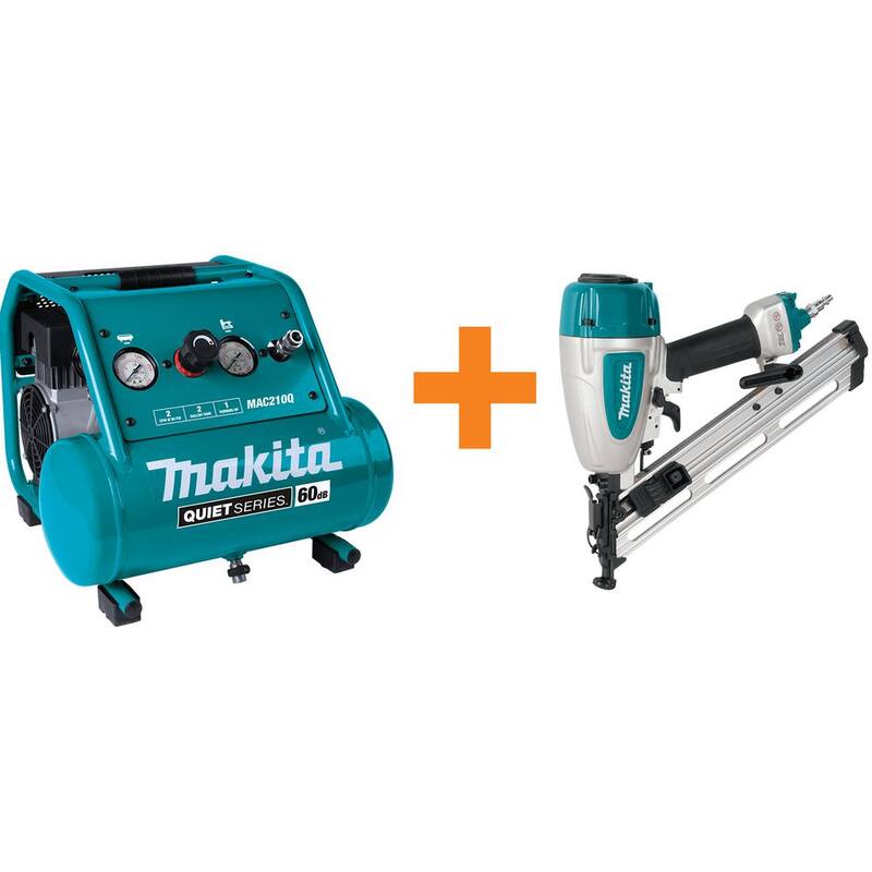 Makita Quiet Series 2 Gal. 1 HP Oil-Free Electric Air Compressor with Pneumatic 15-Gauge, 2-1/2 in. Angled Finish Nailer - MAC210Q-AF635