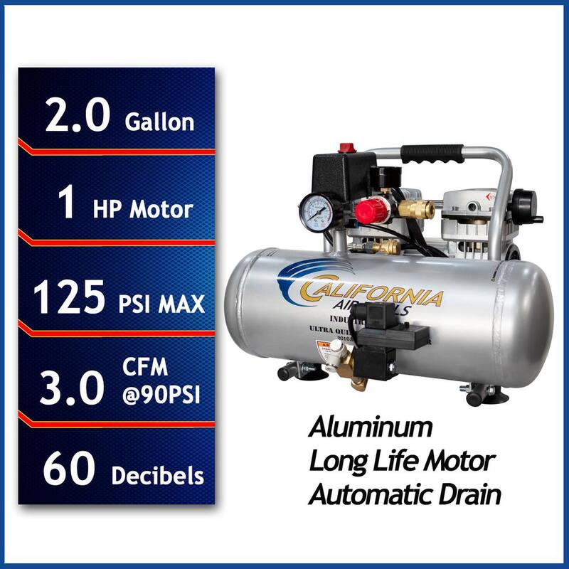 California Air Tools 2010ALFCAD Ultra Quiet Oil-Free 1.0 Hp 2.0 Gal. 125 PSI Aluminum Tank Electric Air Compressor with Automatic Drain Valve - CAT-2010ALFCAD