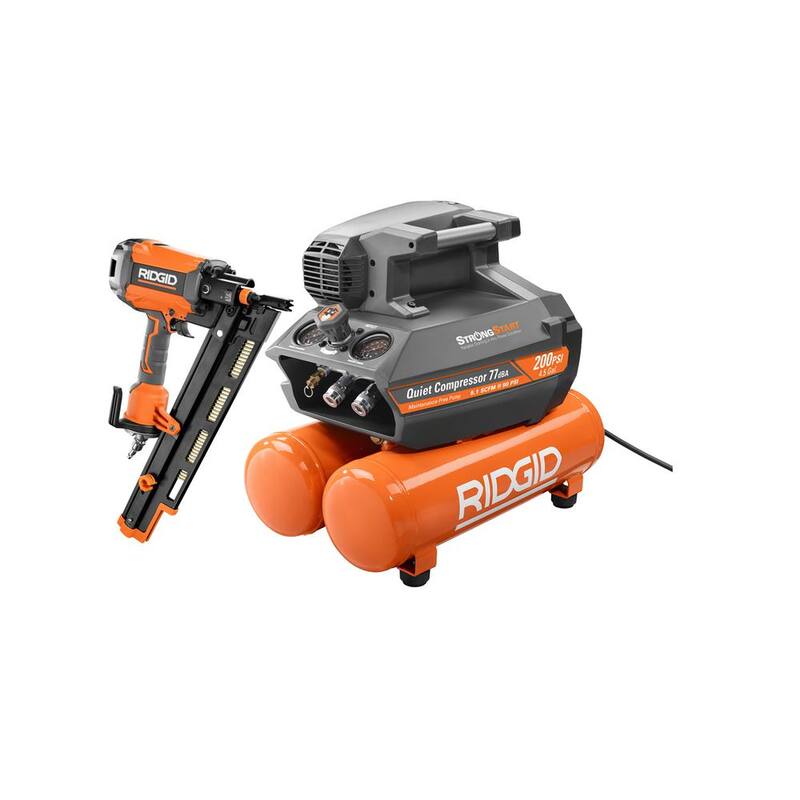 RIDGID 4.5 Gal. Portable Electric Strong Start Air Compressor with 21° 3-1/2 in. Round-Head Framing Nailer - OF45200-350RHF