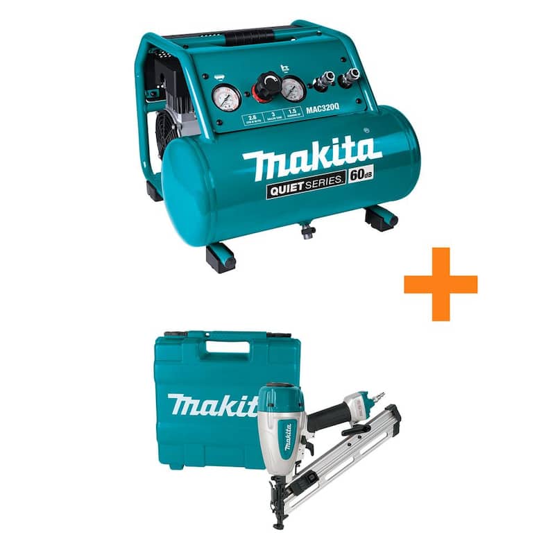 Makita 3 Gal. Quiet Series 1.5 HP, Oil-Free, Electric Air Compressor with 15-Gauge, 2.5 in. Angled Finish Nailer - MAC320Q-AF635