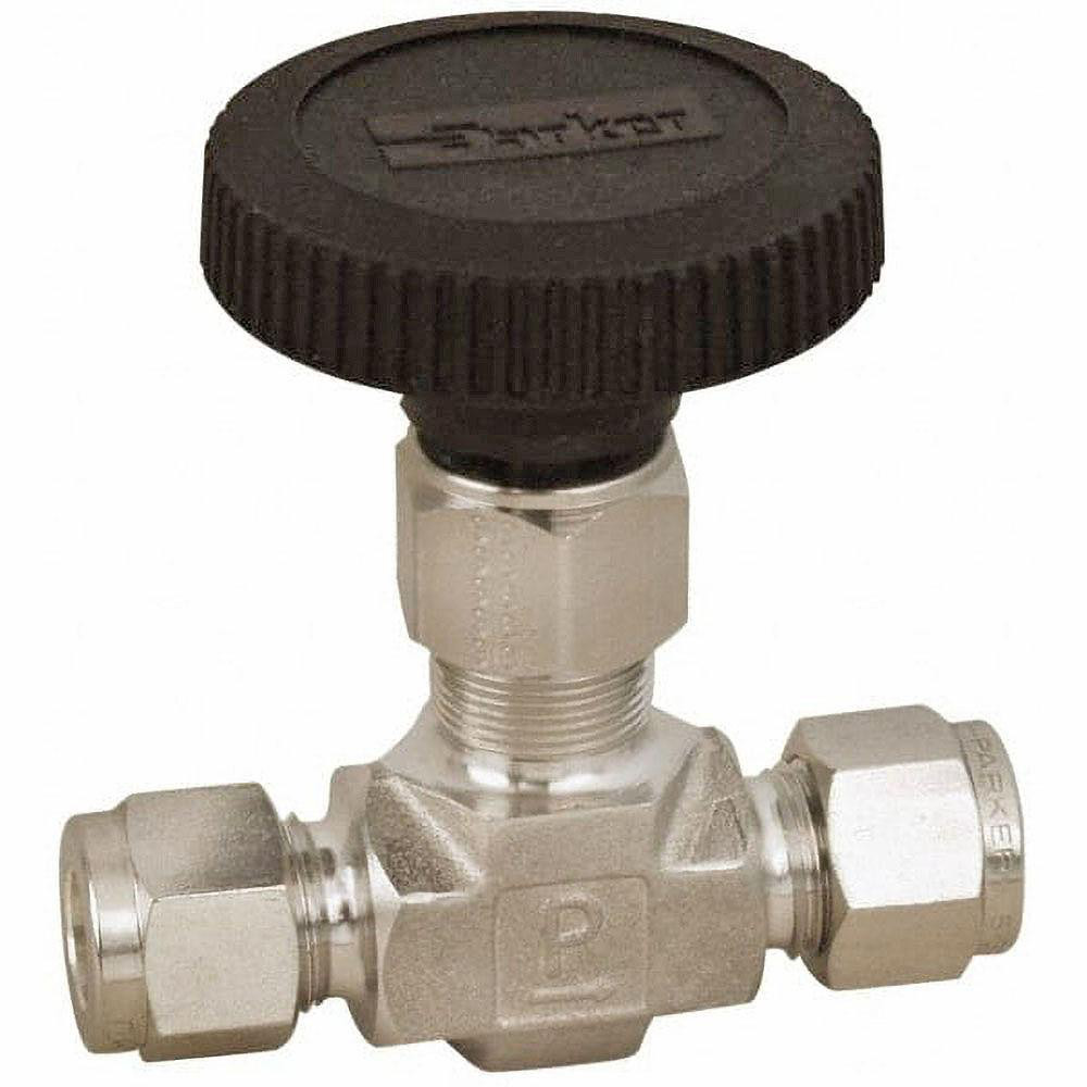 Parker Needle Valve: Round Handle, Straight, 1/2" Pipe, Compression x Compression End, Stainless Steel Body, Polytetrafluoroethylene Seal - 8Z-V8LN-SS