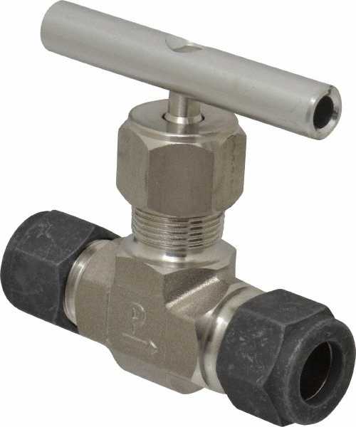 Parker Needle Valve: Round Handle, Straight, 1/2" Pipe, Compression x Compression End, Stainless Steel Body, Polytetrafluoroethylene Seal - 8Z-V8LN-SS