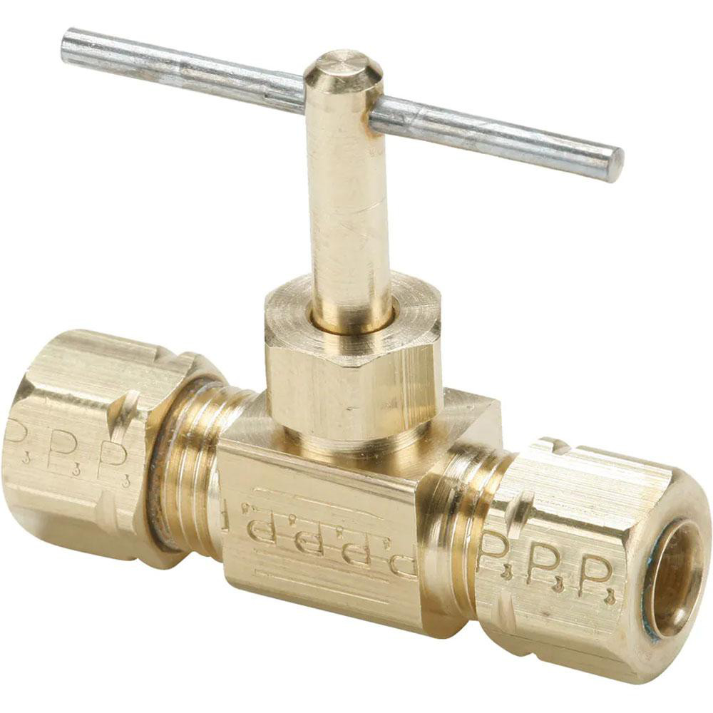 Parker Needle Valve: Round Handle, Straight, 1/2" Pipe, Compression x Compression End, Stainless Steel Body, Polytetrafluoroethylene Seal - 8Z-V8LN-SS