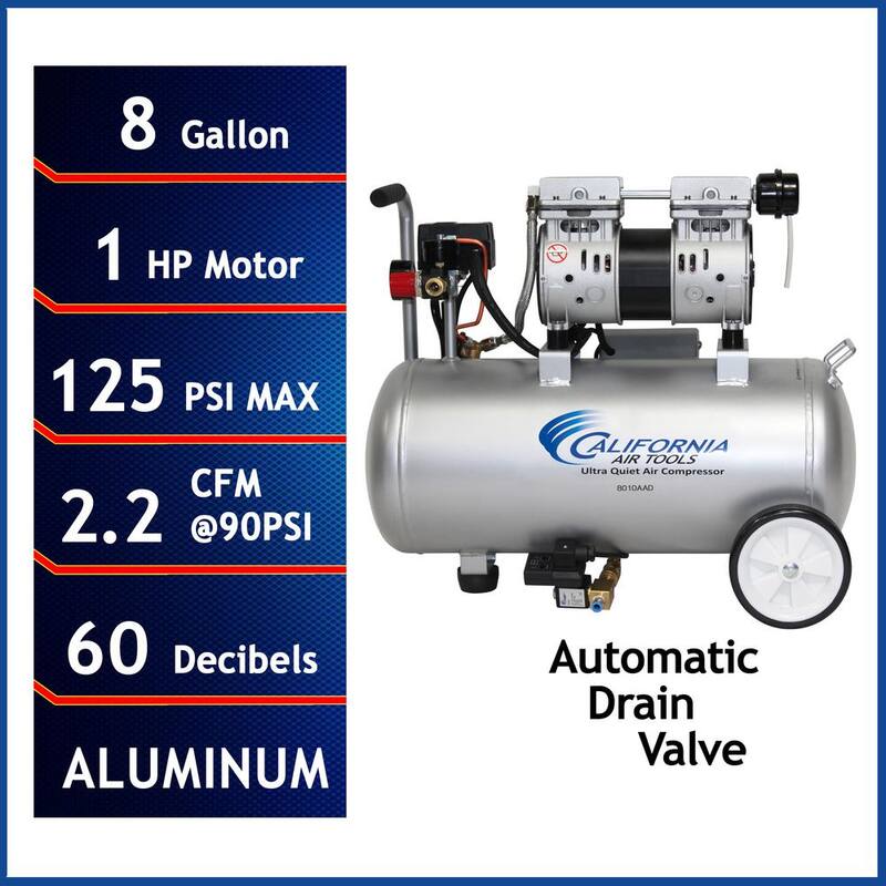 California Air Tools Ultra-Quiet 8 Gal. Aluminum Tank 1 HP 120 PSI Oil-Free Electric Air Compressor with Automatic Drain Valve - CAT-8010AAD
