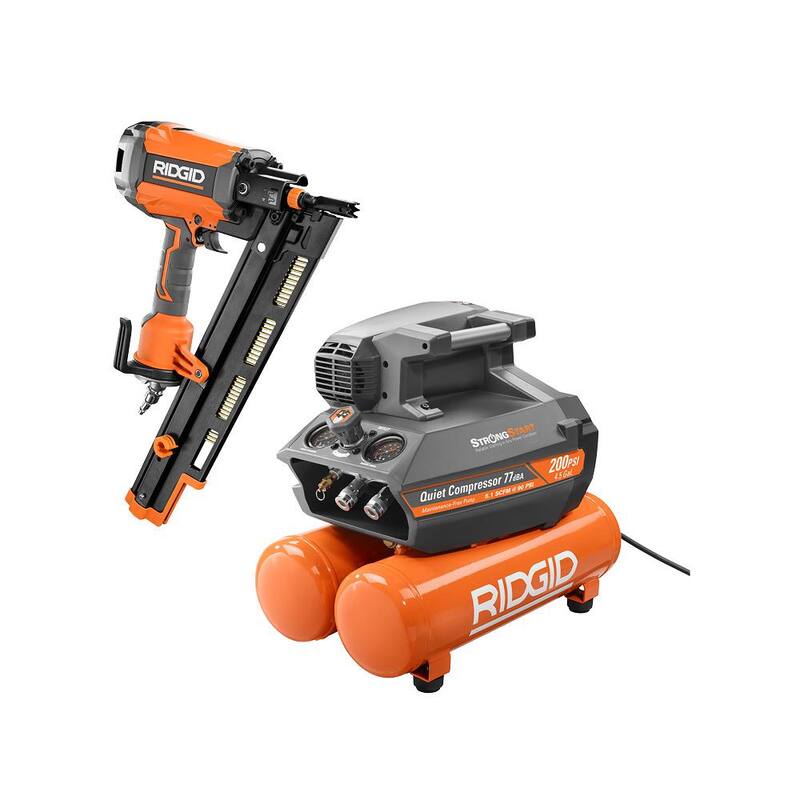 RIDGID 4.5 Gal. Portable Electric Quiet Air Compressor with 21-Degree 3-1/2 in. Round Head Framing Nailer - OF45200SS-R350RHF