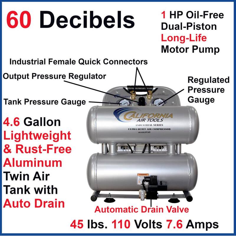 California Air Tools 4610ALFCAD Ultra Quiet Oil-Free 1.0 HP 4.6 Gal. 125 PSI Aluminum Twin Tank Electric Air Compressor with Auto Drain - CAT-4610ALFCAD