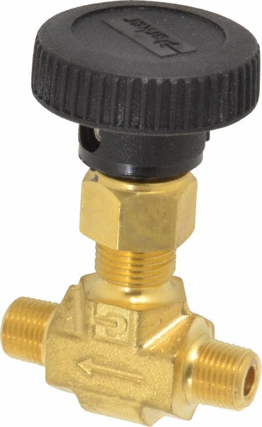 Parker Needle Valve: Round Handle, Straight, 1/8" Pipe, MNPT x MNPT End, Brass Body, Polytetrafluoroethylene Seal - 2M-V4LN-B