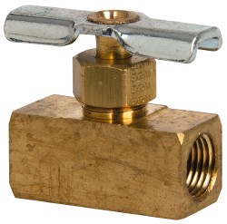 Parker Needle Valve: Round Handle, Straight, 1/8" Pipe, MNPT x MNPT End, Brass Body, Polytetrafluoroethylene Seal - 2M-V4LN-B