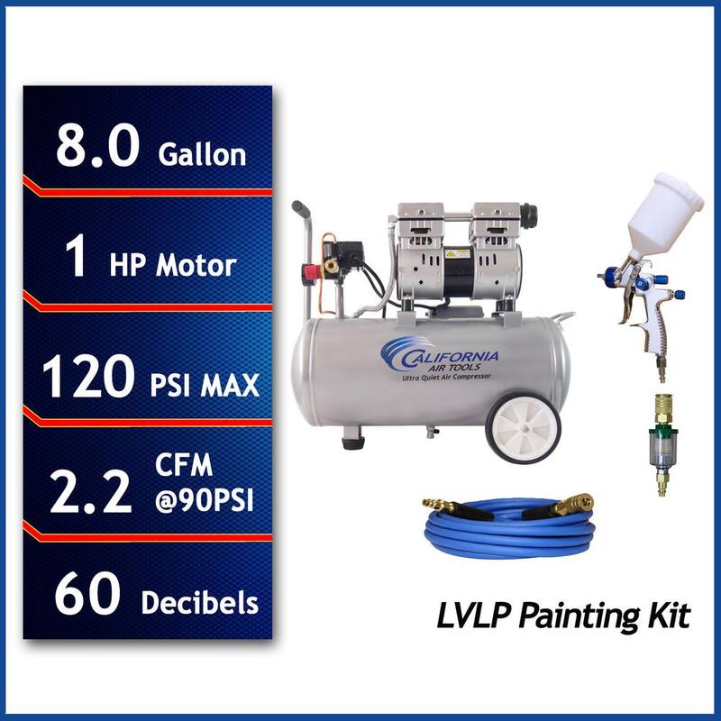 California Air Tools 8010PK 8 Gal. 1 HP 120 PSI Portable Electrical Horizontal Air Compressor and LVLP Spray Painting Kit - CAT-8010-PK