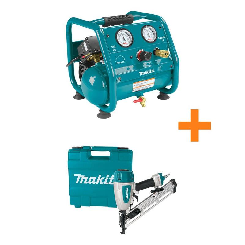 Makita 1 Gal. 125 PSI Portable Electric Compact Air Compressor with Pneumatic 2.5 in. 15-Gauge Angled Finish Nailer - AC001-AF635
