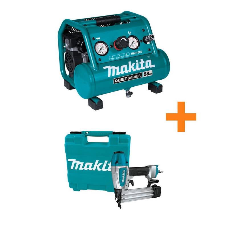 Makita 1 Gal. Quiet Series 0.5 HP Compact Oil-Free Electric Air Compressor with Pneumatic 2 in. 18-Gauge Brad Nailer - MAC100Q-AF506