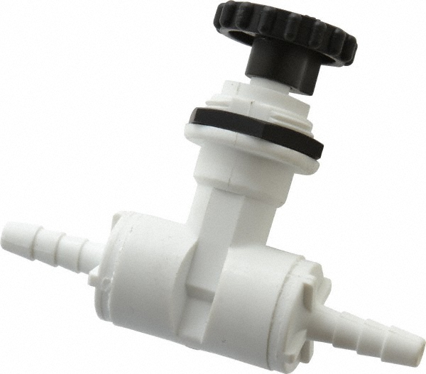 Specialty Mfr Needle Valve: Straight, 1/4" Pipe, Barbed x Barbed End, Polypropylene Body, Polytetrafluoroethylene Seal - 7032390