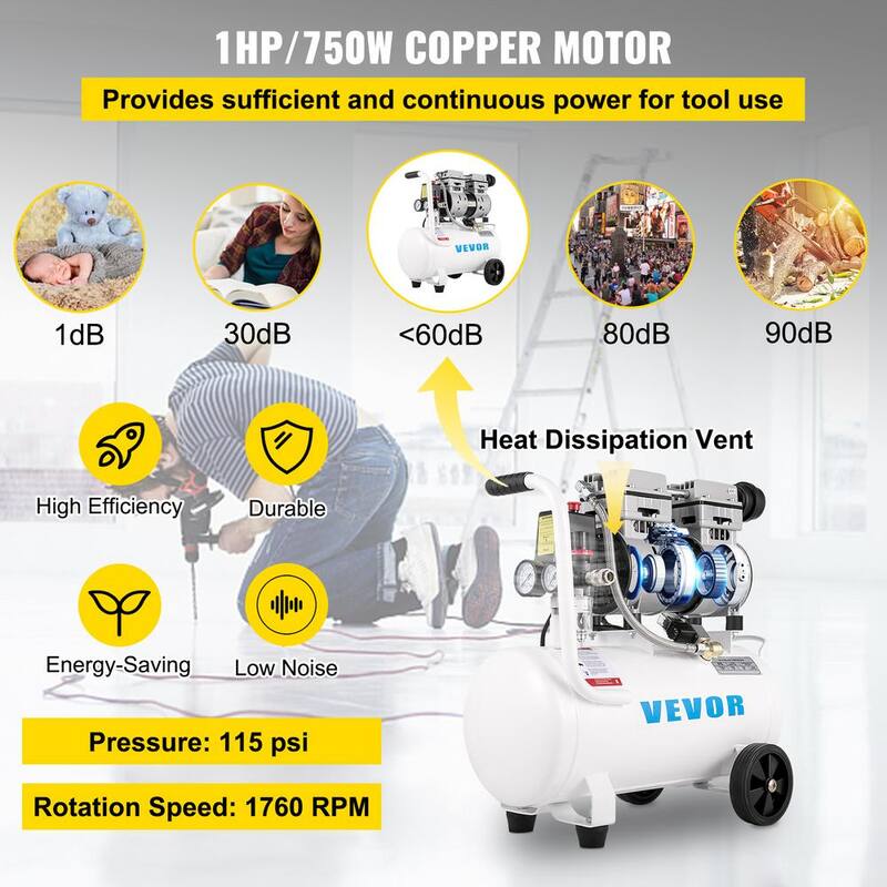 VEVOR 6.6 Gal. 115 PSI Portable Electric Air Compressor 1 HP Oil Free Steel Tank 750 Watt Pancake for Home Tire Inflation - WSKYJ750-25L00001V1