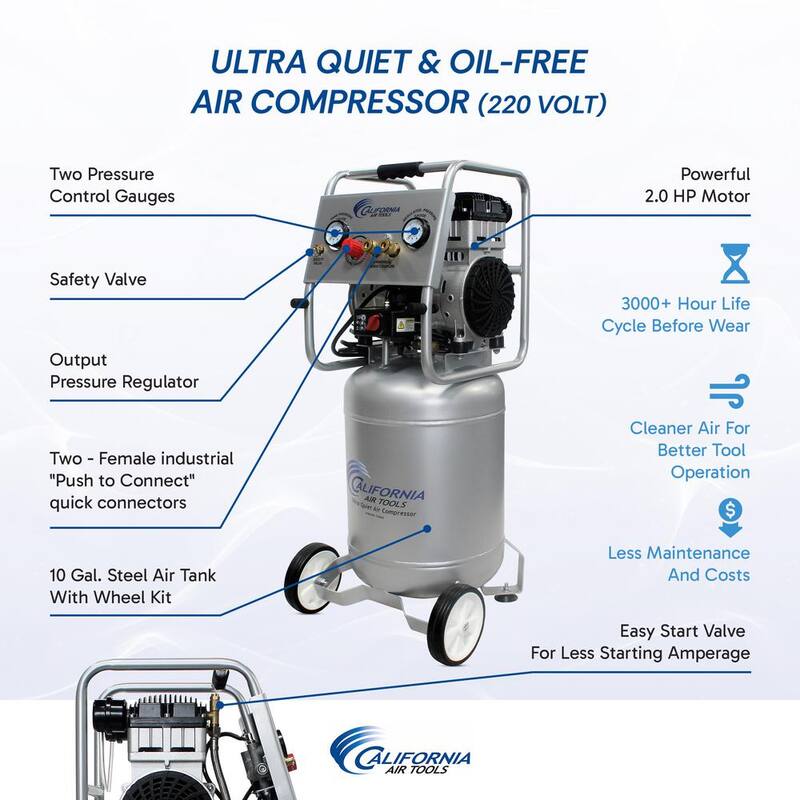 California Air Tools 10 Gal. 2.0 HP Ultra Quiet and Oil-Free 220-Volt Electric Air Compressor - 10020C-22060