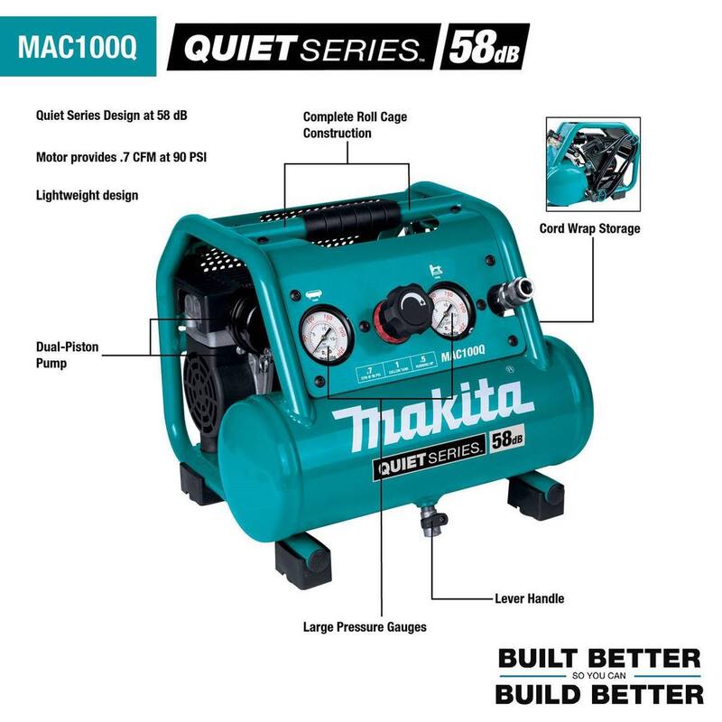 Makita Quiet Series 1 Gal. 1/2 HP Compact, Oil-Free, Electric Air Compressor w/ 15-Gauge, 2-1/2in. Angled Finish Nailer - MAC100Q-AF635