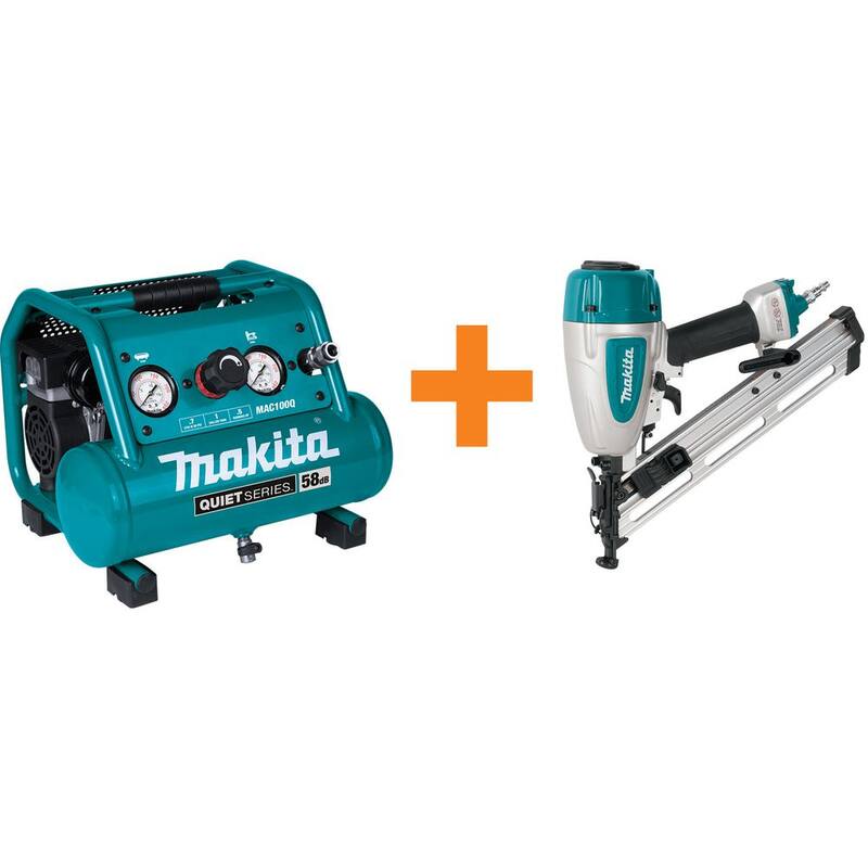 Makita Quiet Series 1 Gal. 1/2 HP Compact, Oil-Free, Electric Air Compressor w/ 15-Gauge, 2-1/2in. Angled Finish Nailer - MAC100Q-AF635