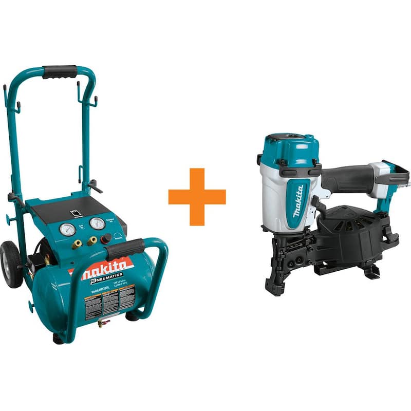 Makita 5.2 Gal. 3.0 HP Electric Single Tank Air Compressor with 15 Degree 1-3/4 in. Pneumatic Coil Roofing Nailer - MAC5200-AN454