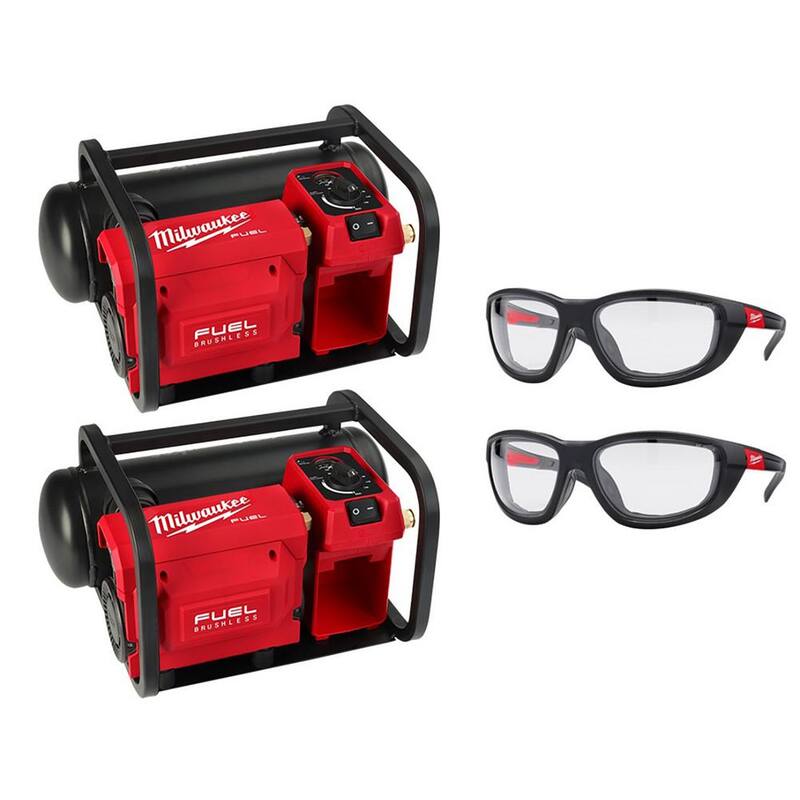 Milwaukee M18 FUEL 18-Volt Lithium-Ion Brushless 2 Gal. Compact Quiet Compressor (2-Tool) and Performance Safety Glasses (2-Pack) - 2840-20-48-73-2040X2