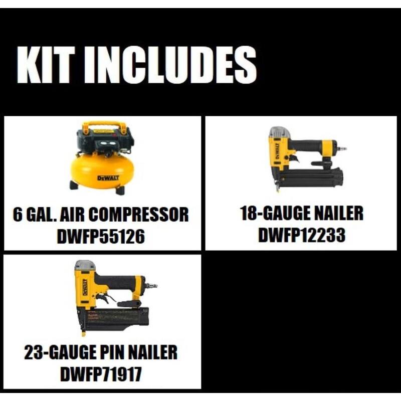 DEWALT 6 Gal. 165 PSI Portable Electric Pancake Air Compressor, 18GA Pneumatic Corded Brad Nailer, and 23GA 2 in. Pin Nailer - DWFP126W23350K